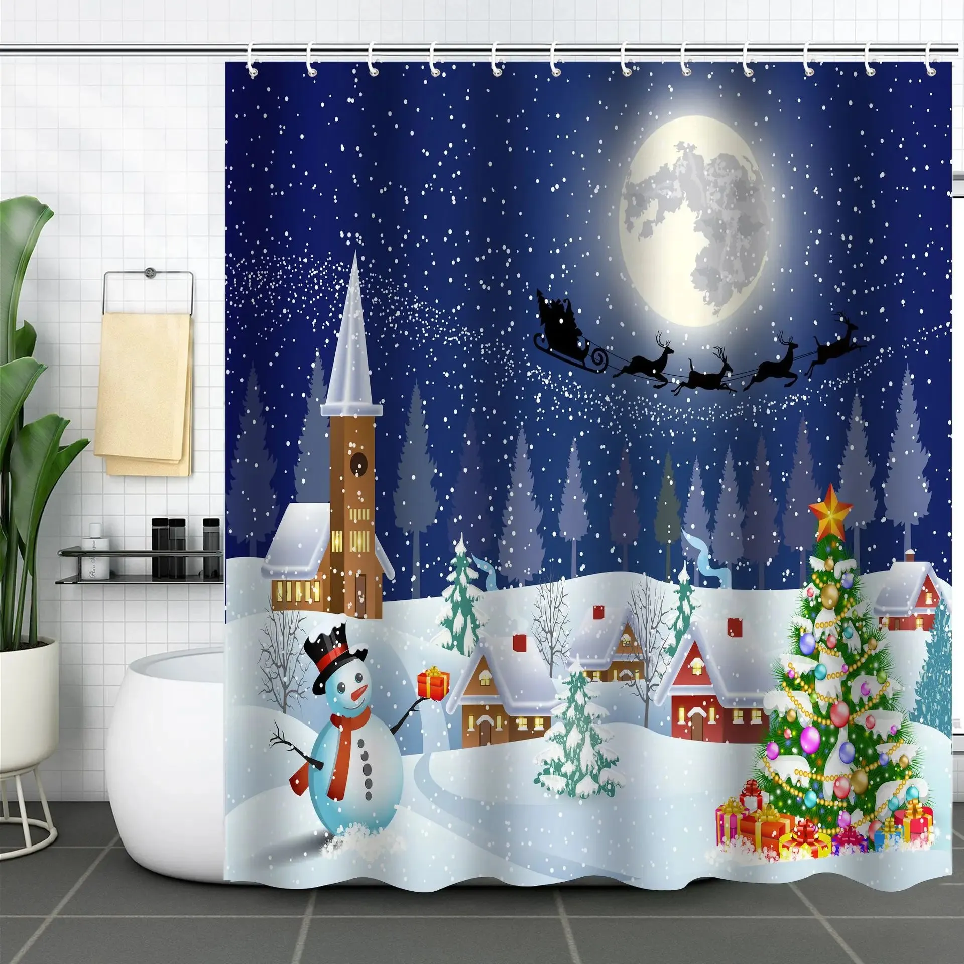 Navidad Christmas Shower Curtain for Bathroom Xmas Fireplace Window Winter Snowman Santa Claus Waterproof Bath Curtains Decor