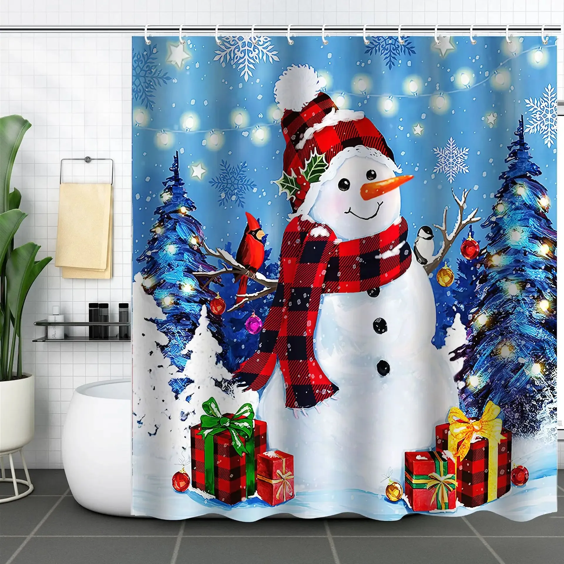 Navidad Christmas Shower Curtain for Bathroom Xmas Fireplace Window Winter Snowman Santa Claus Waterproof Bath Curtains Decor