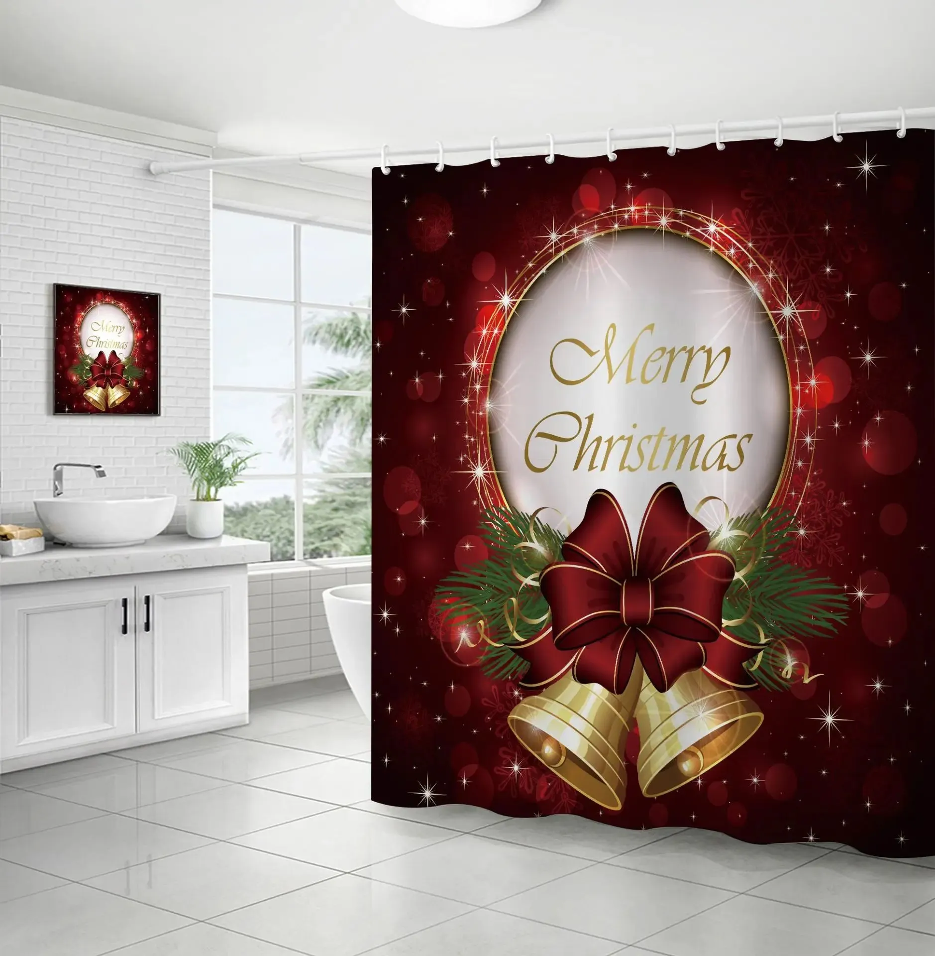 Navidad Christmas Shower Curtain for Bathroom Xmas Fireplace Window Winter Snowman Santa Claus Waterproof Bath Curtains Decor