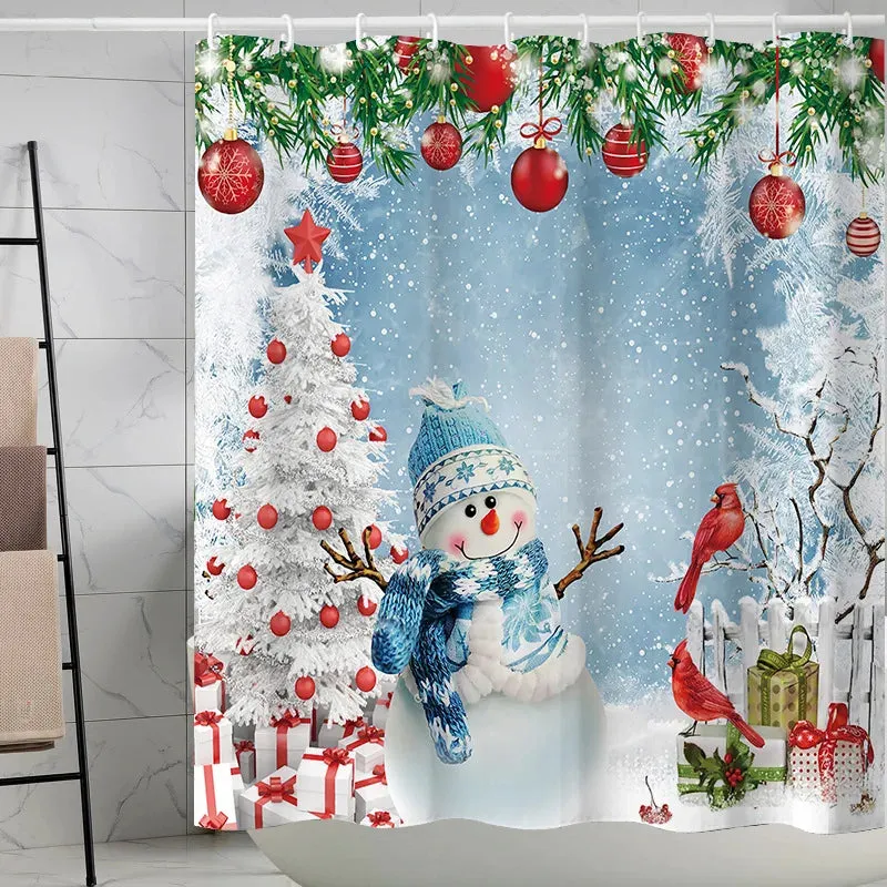 Navidad Christmas Shower Curtain for Bathroom Xmas Fireplace Window Winter Snowman Santa Claus Waterproof Bath Curtains Decor