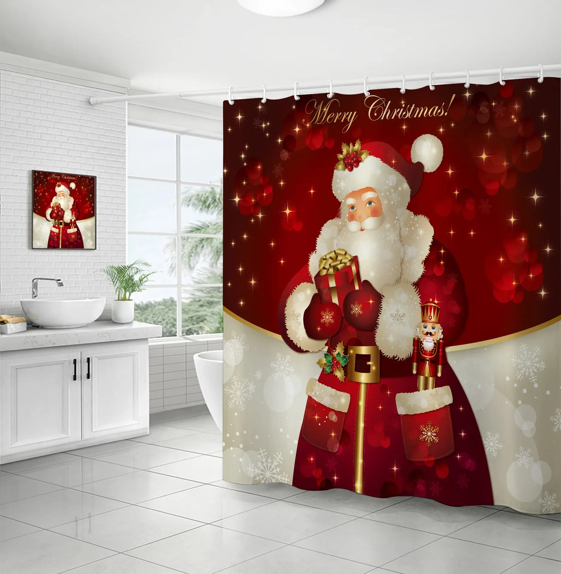 Navidad Christmas Shower Curtain for Bathroom Xmas Fireplace Window Winter Snowman Santa Claus Waterproof Bath Curtains Decor