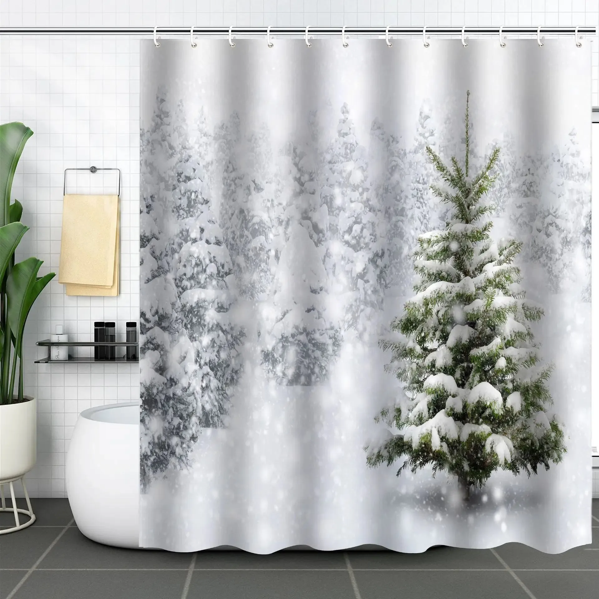 Navidad Christmas Shower Curtain for Bathroom Xmas Fireplace Window Winter Snowman Santa Claus Waterproof Bath Curtains Decor