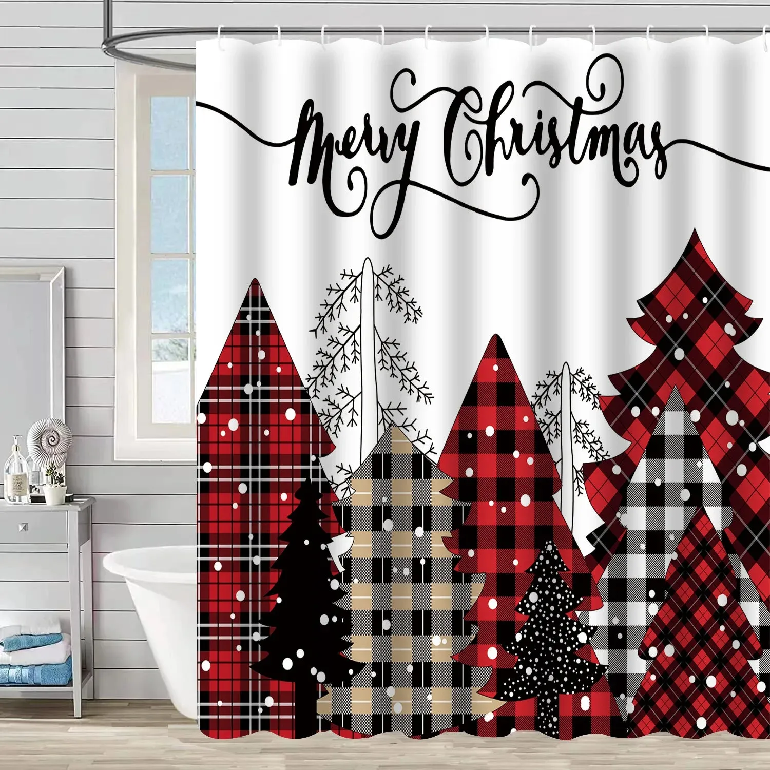 Navidad Christmas Shower Curtain for Bathroom Xmas Fireplace Window Winter Snowman Santa Claus Waterproof Bath Curtains Decor