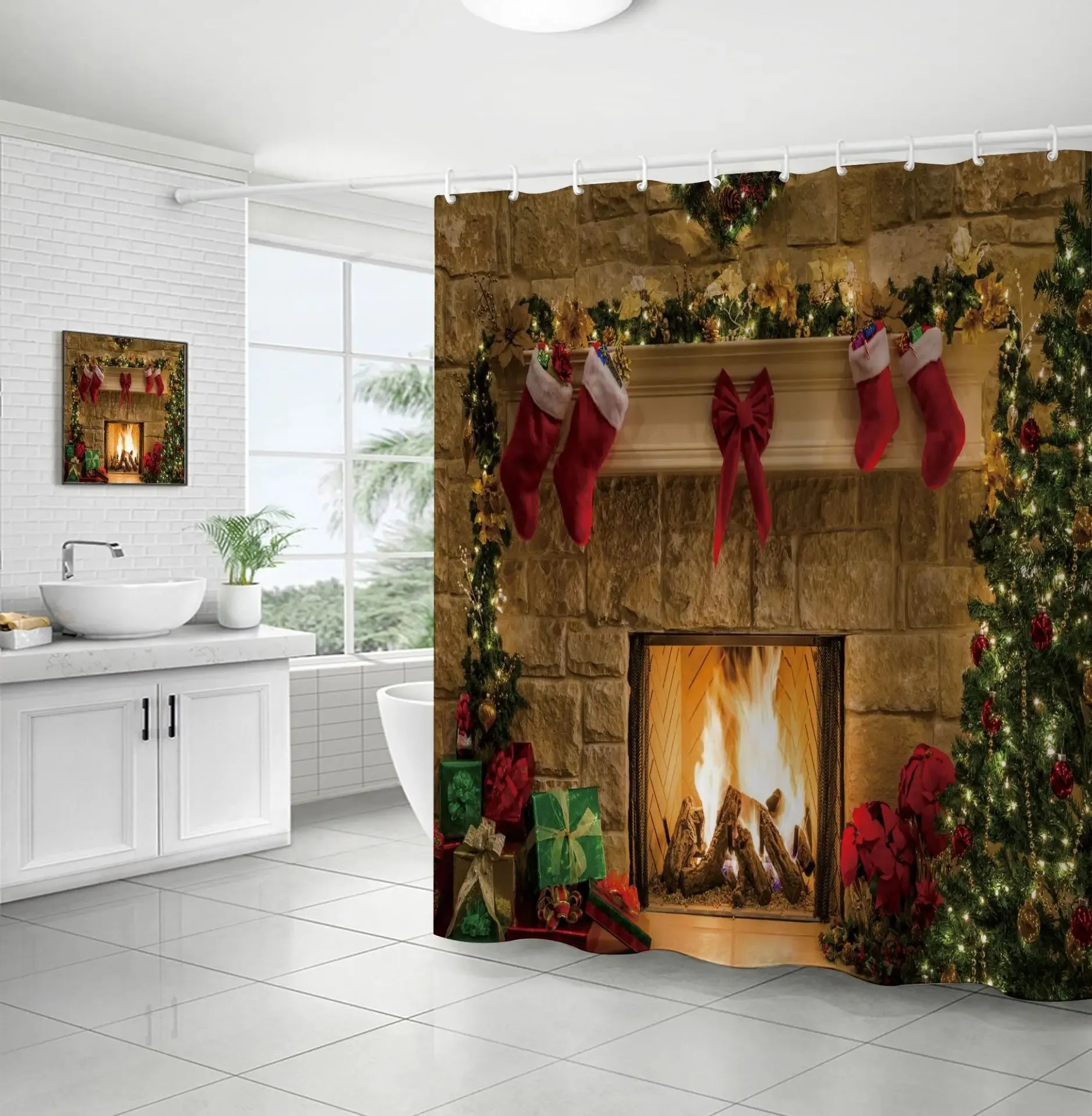 Navidad Christmas Shower Curtain for Bathroom Xmas Fireplace Window Winter Snowman Santa Claus Waterproof Bath Curtains Decor