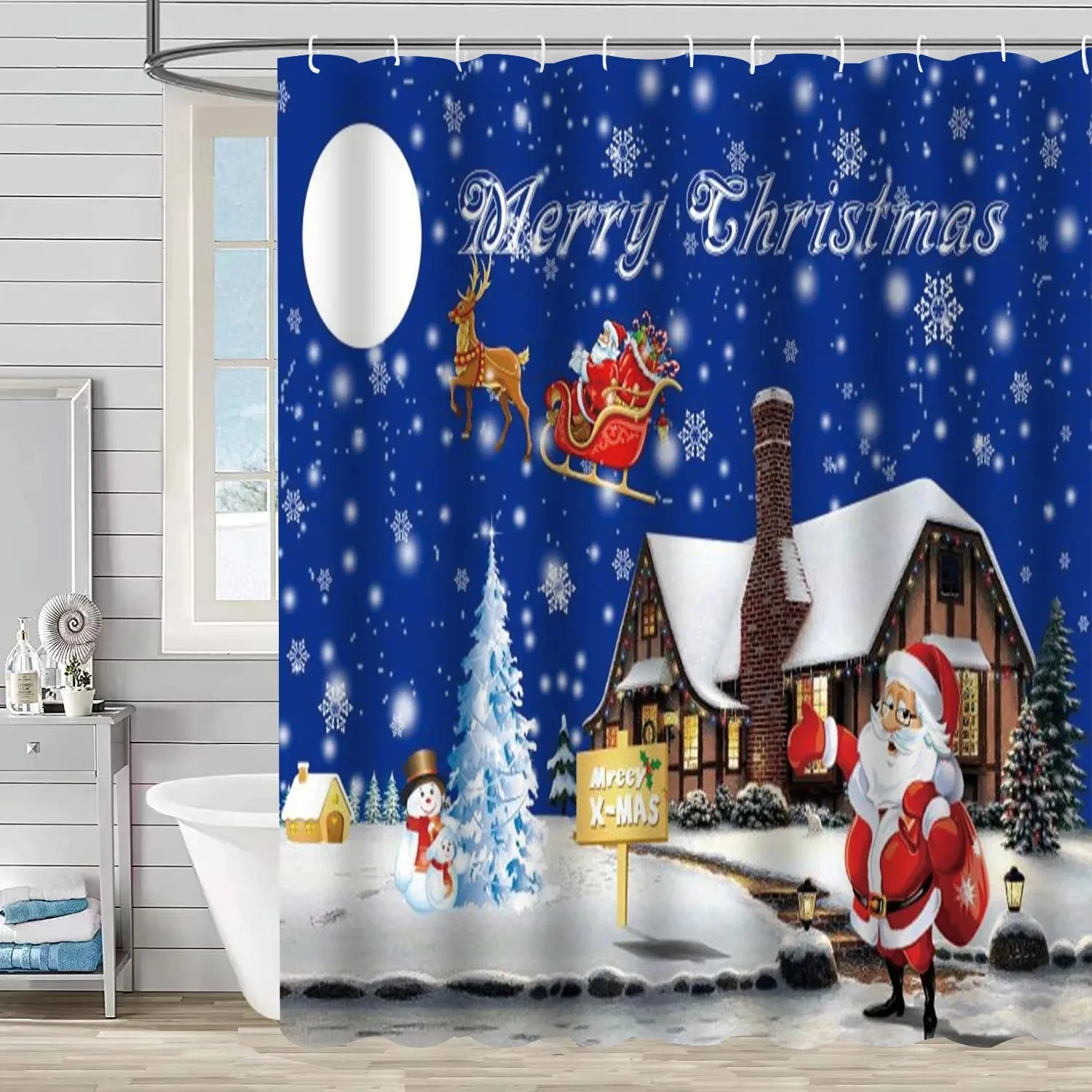 Navidad Christmas Shower Curtain for Bathroom Xmas Fireplace Window Winter Snowman Santa Claus Waterproof Bath Curtains Decor