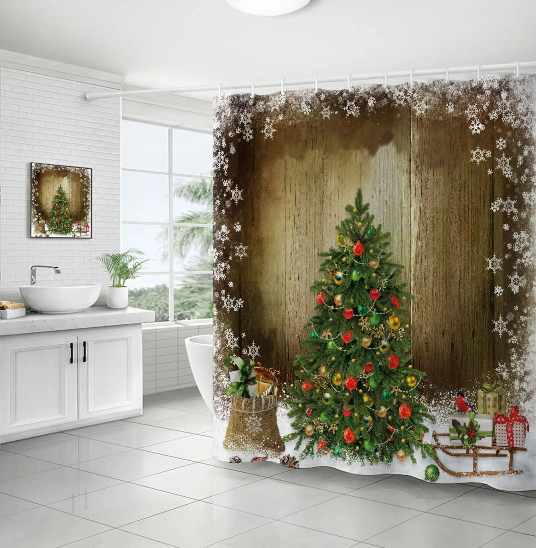 Navidad Christmas Shower Curtain for Bathroom Xmas Fireplace Window Winter Snowman Santa Claus Waterproof Bath Curtains Decor