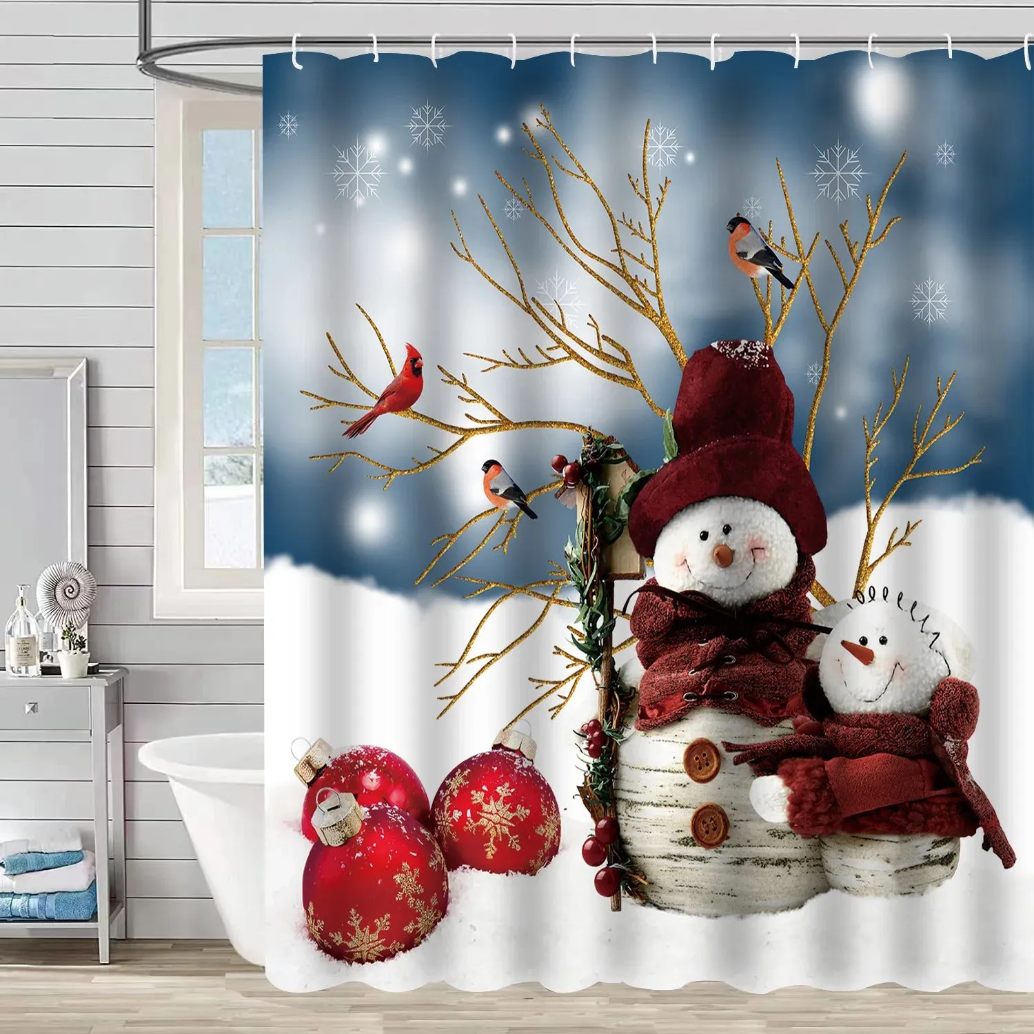 Navidad Christmas Shower Curtain for Bathroom Xmas Fireplace Window Winter Snowman Santa Claus Waterproof Bath Curtains Decor