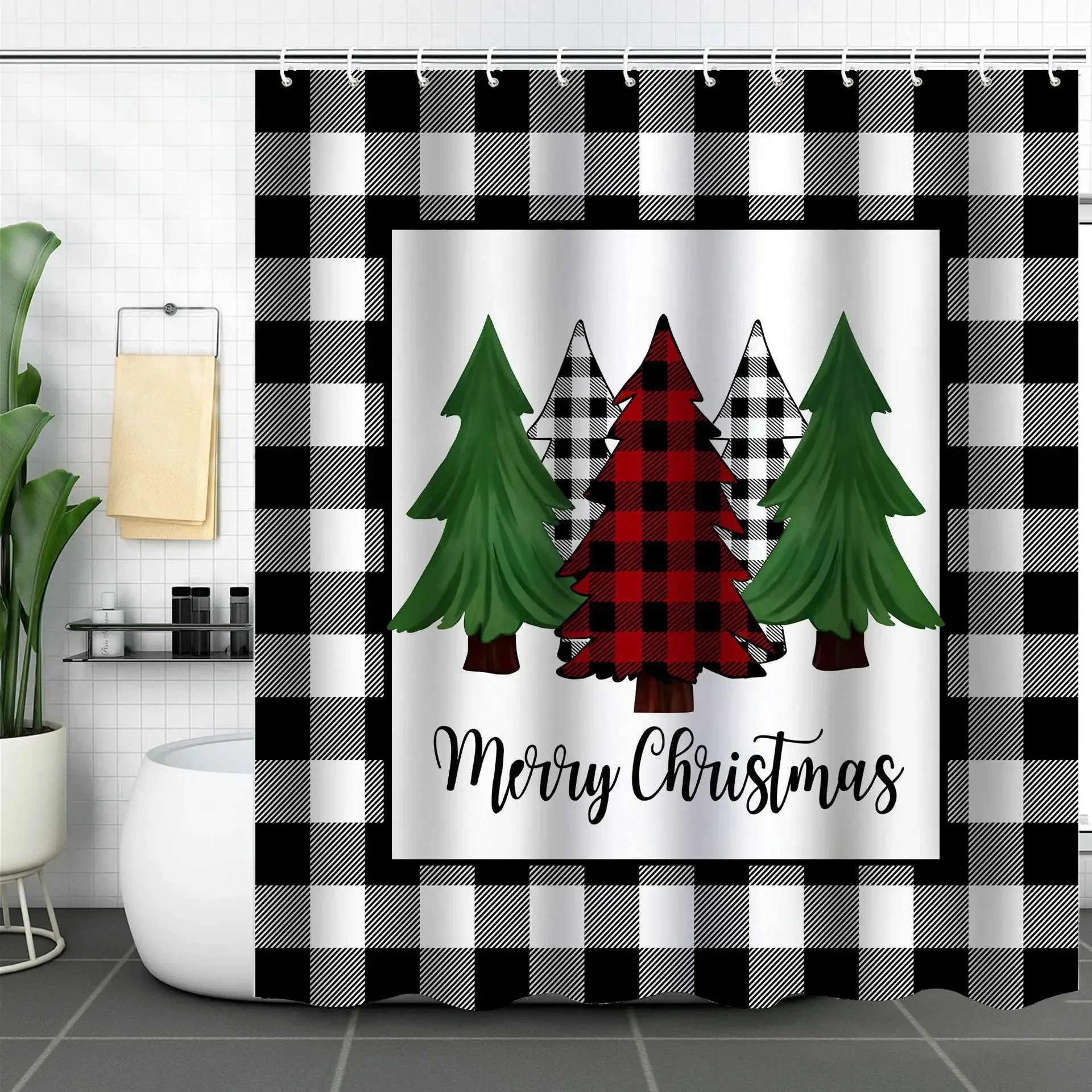 Navidad Christmas Shower Curtain for Bathroom Xmas Fireplace Window Winter Snowman Santa Claus Waterproof Bath Curtains Decor