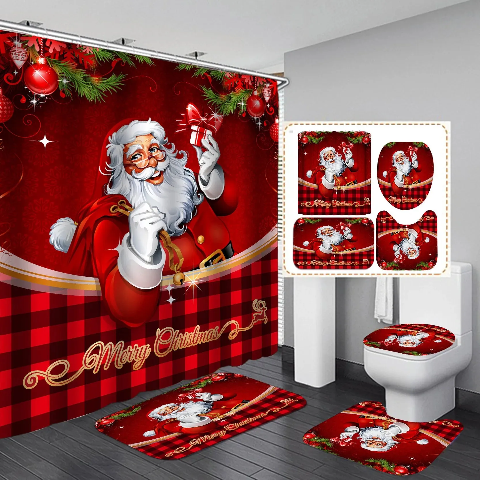 Navidad Merry Christmas Tree Shower Curtain Set Waterproof Polyester Xmas Bath Curtain and Toilet Floor Mat with Free 12 Hooks