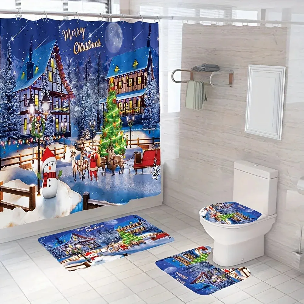 Navidad Merry Christmas Tree Shower Curtain Set Waterproof Polyester Xmas Bath Curtain and Toilet Floor Mat with Free 12 Hooks