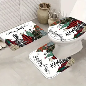 Navidad Merry Christmas Tree Shower Curtain Set Waterproof Polyester Xmas Bath Curtain and Toilet Floor Mat with Free 12 Hooks