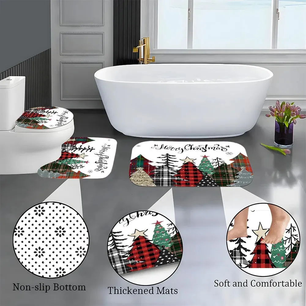 Navidad Merry Christmas Tree Shower Curtain Set Waterproof Polyester Xmas Bath Curtain and Toilet Floor Mat with Free 12 Hooks