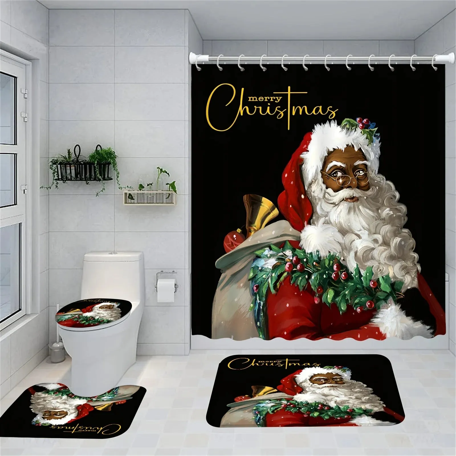 Navidad Merry Christmas Tree Shower Curtain Set Waterproof Polyester Xmas Bath Curtain and Toilet Floor Mat with Free 12 Hooks