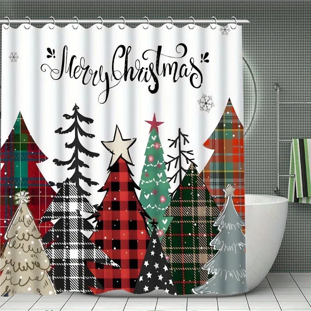 Navidad Merry Christmas Tree Shower Curtain Set Waterproof Polyester Xmas Bath Curtain and Toilet Floor Mat with Free 12 Hooks