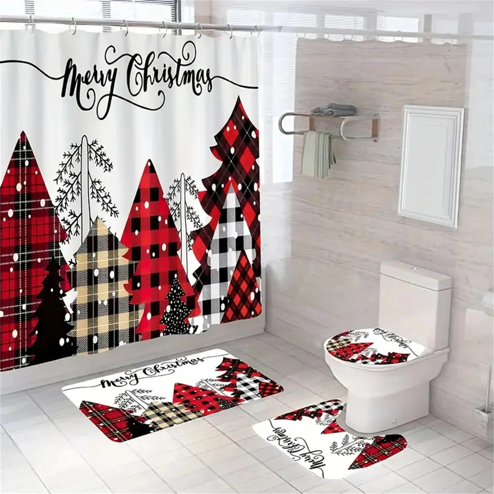 Navidad Merry Christmas Tree Shower Curtain Set Waterproof Polyester Xmas Bath Curtain and Toilet Floor Mat with Free 12 Hooks