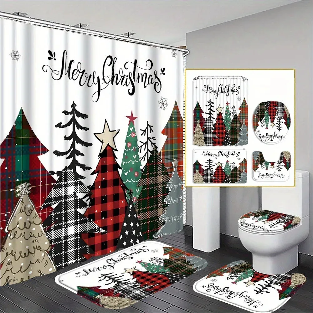 Navidad Merry Christmas Tree Shower Curtain Set Waterproof Polyester Xmas Bath Curtain and Toilet Floor Mat with Free 12 Hooks