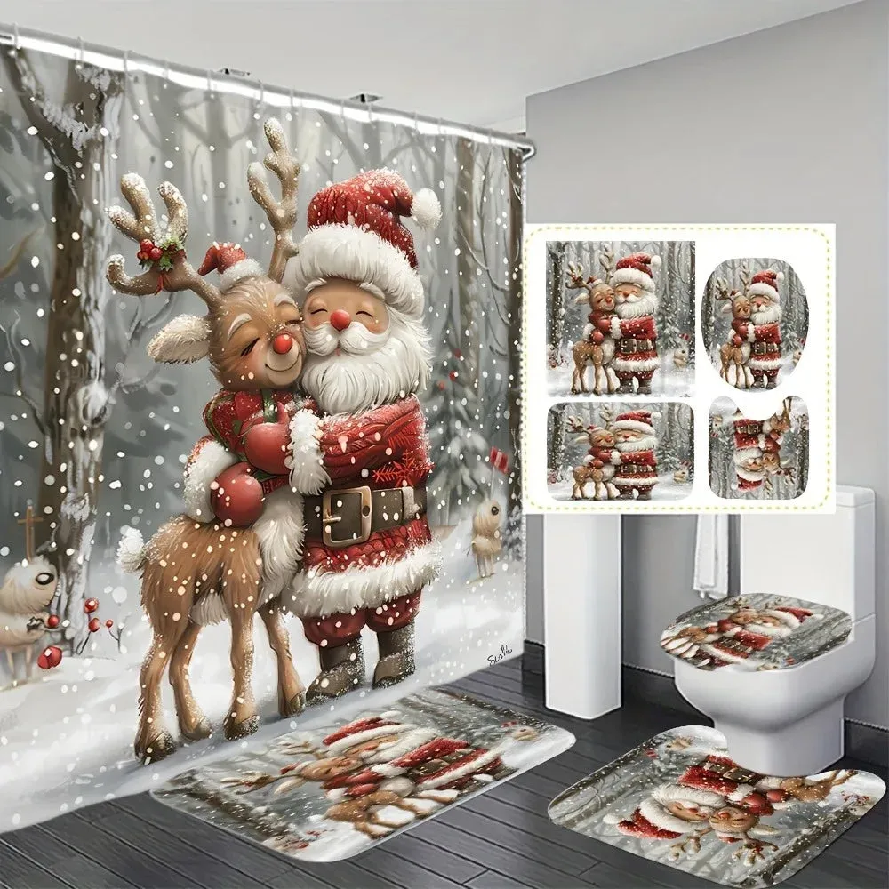 Navidad Merry Christmas Tree Shower Curtain Set Waterproof Polyester Xmas Bath Curtain and Toilet Floor Mat with Free 12 Hooks