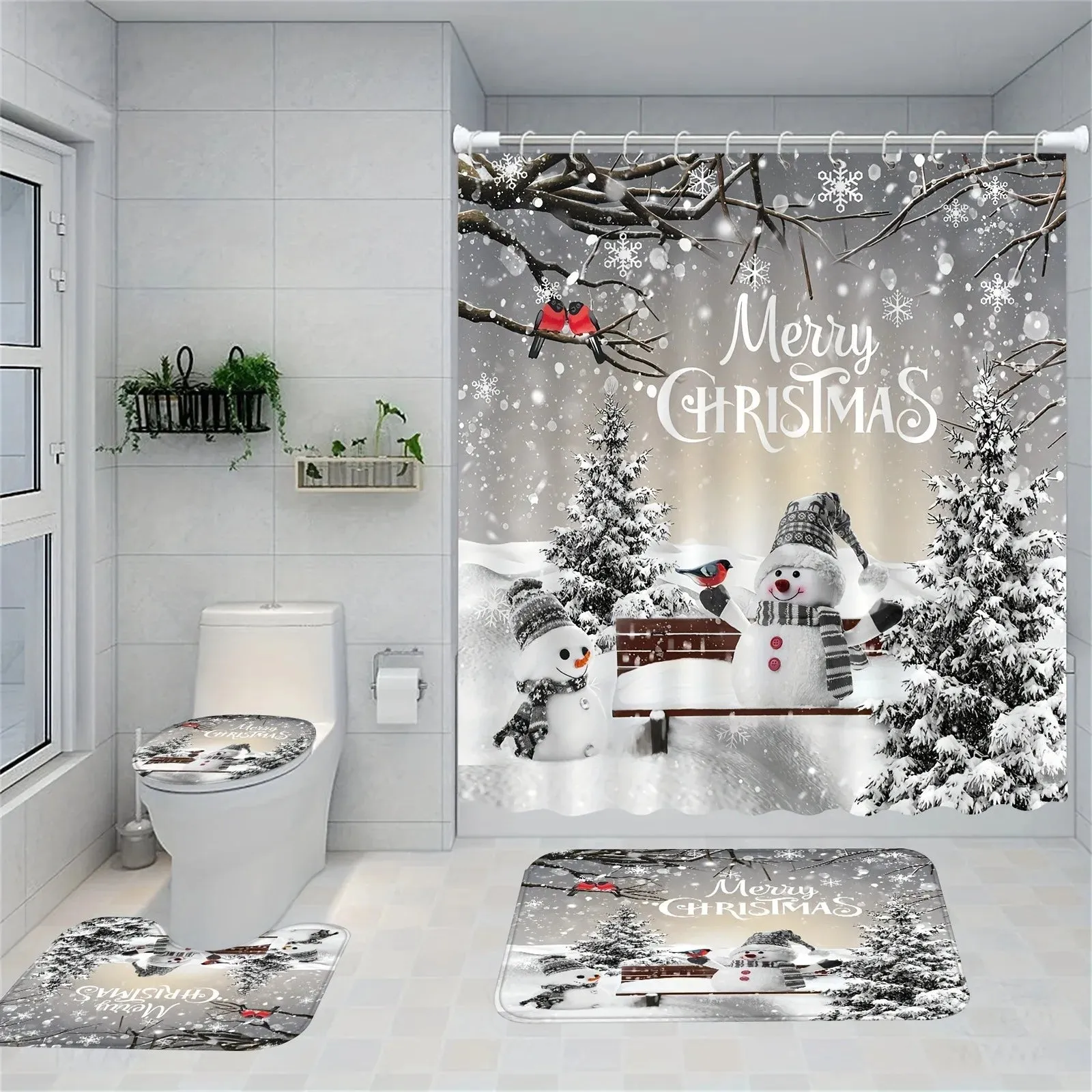 Navidad Merry Christmas Tree Shower Curtain Set Waterproof Polyester Xmas Bath Curtain and Toilet Floor Mat with Free 12 Hooks