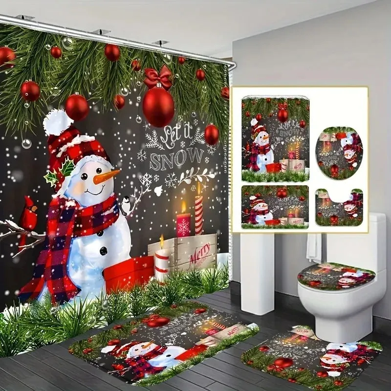 Navidad Merry Christmas Tree Shower Curtain Set Waterproof Polyester Xmas Bath Curtain and Toilet Floor Mat with Free 12 Hooks