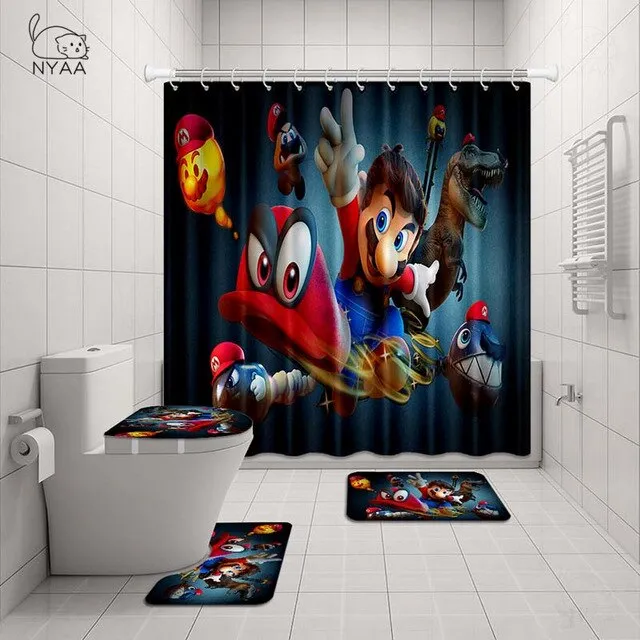 NYAA 4 Pcs Super Mario Shower Curtain Pedestal Rug Lid Toilet Cover Mat Bath Mat Set For Bathroom Decor