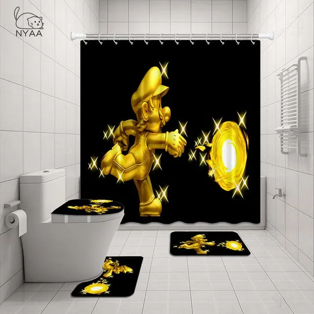 NYAA 4 Pcs Super Mario Shower Curtain Pedestal Rug Lid Toilet Cover Mat Bath Mat Set For Bathroom Decor