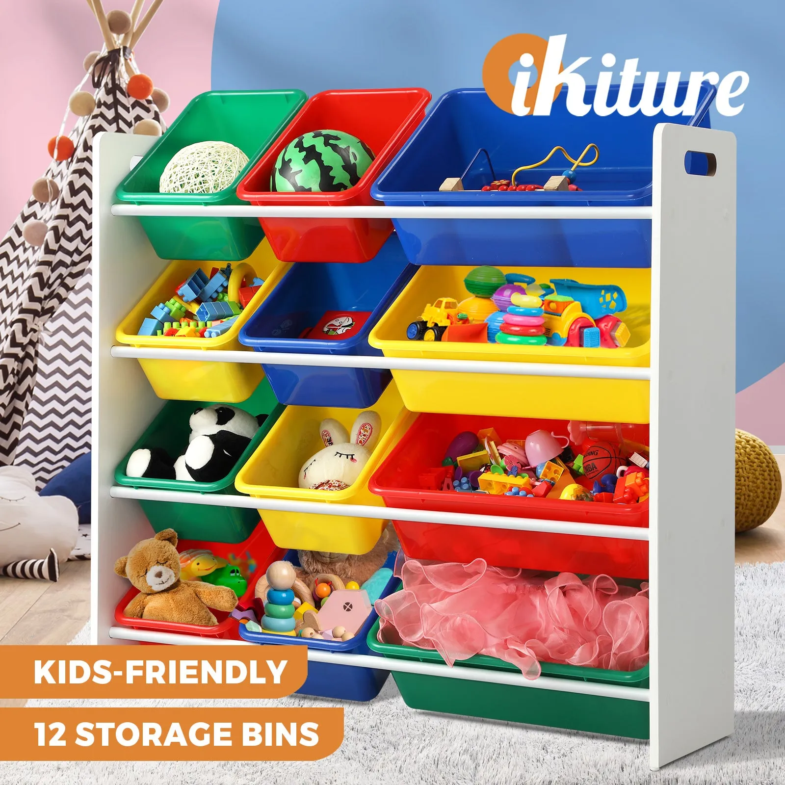 Oikiture Kids Toy Box Organiser 12 Bins Display Shelf Storage Rack Drawer