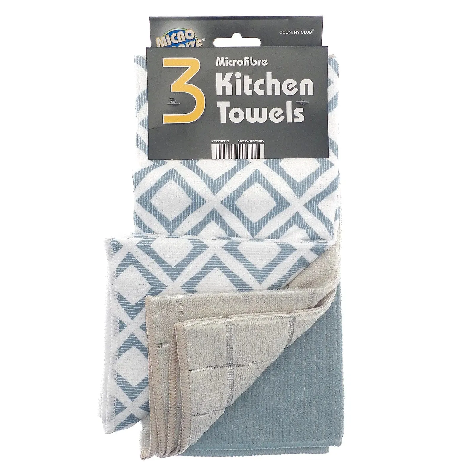 Pack of 3 Microfibre Kitchen Towels Pattern Grey White Blue