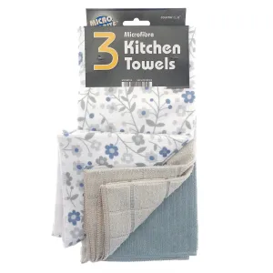 Pack of 3 Microfibre Kitchen Towels Pattern Grey White Blue