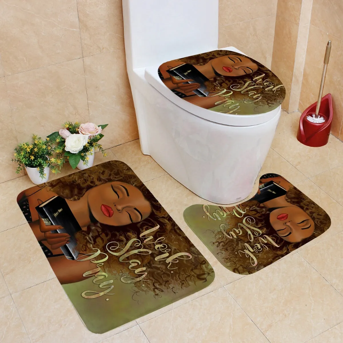 Printing Decor Bathroom Set Waterproof Shower Curtain Non-Slip Toilet Seat Cover Rugs Carpets Bath Mats Kit