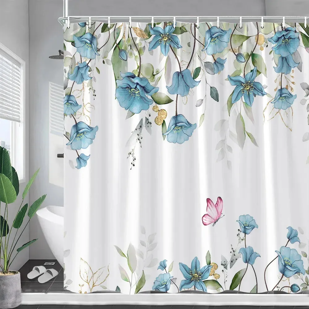 Rustic Floral Shower Curtains Watercolour Flowers Plants Leaves Modern Minimalist Spring Bathroom Decor Fabric Bath Curtain Sets