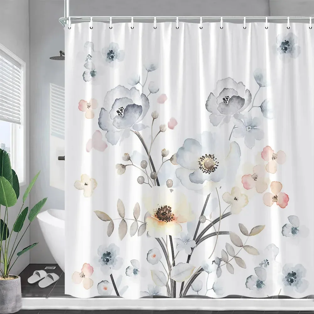 Rustic Floral Shower Curtains Watercolour Flowers Plants Leaves Modern Minimalist Spring Bathroom Decor Fabric Bath Curtain Sets