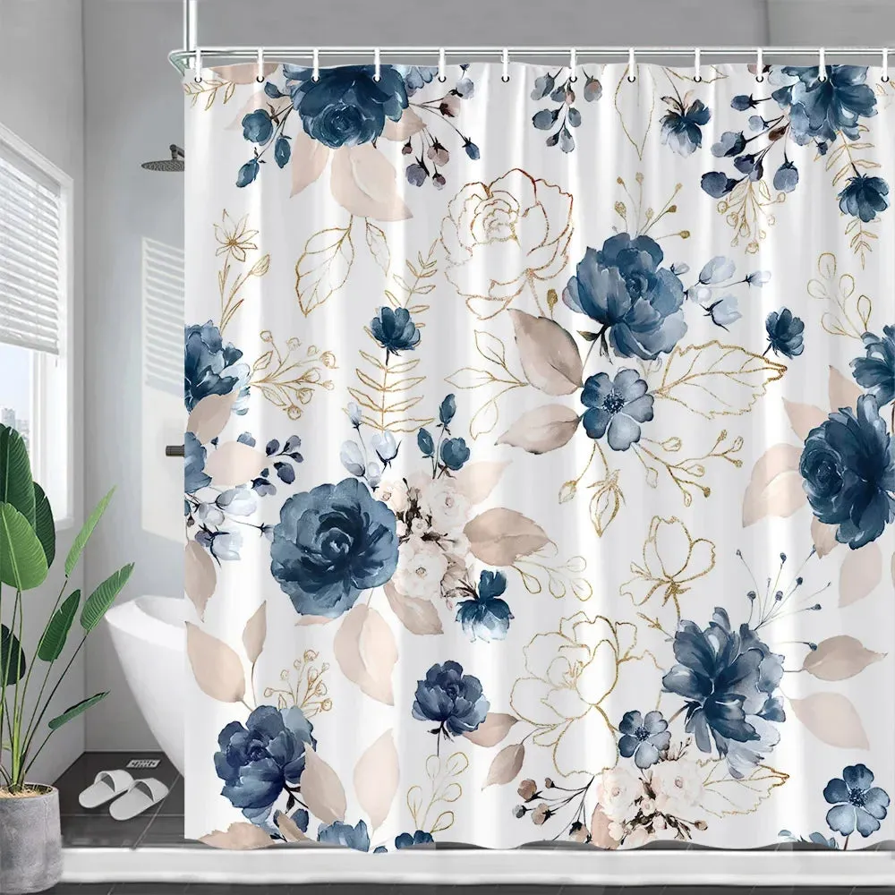 Rustic Floral Shower Curtains Watercolour Flowers Plants Leaves Modern Minimalist Spring Bathroom Decor Fabric Bath Curtain Sets