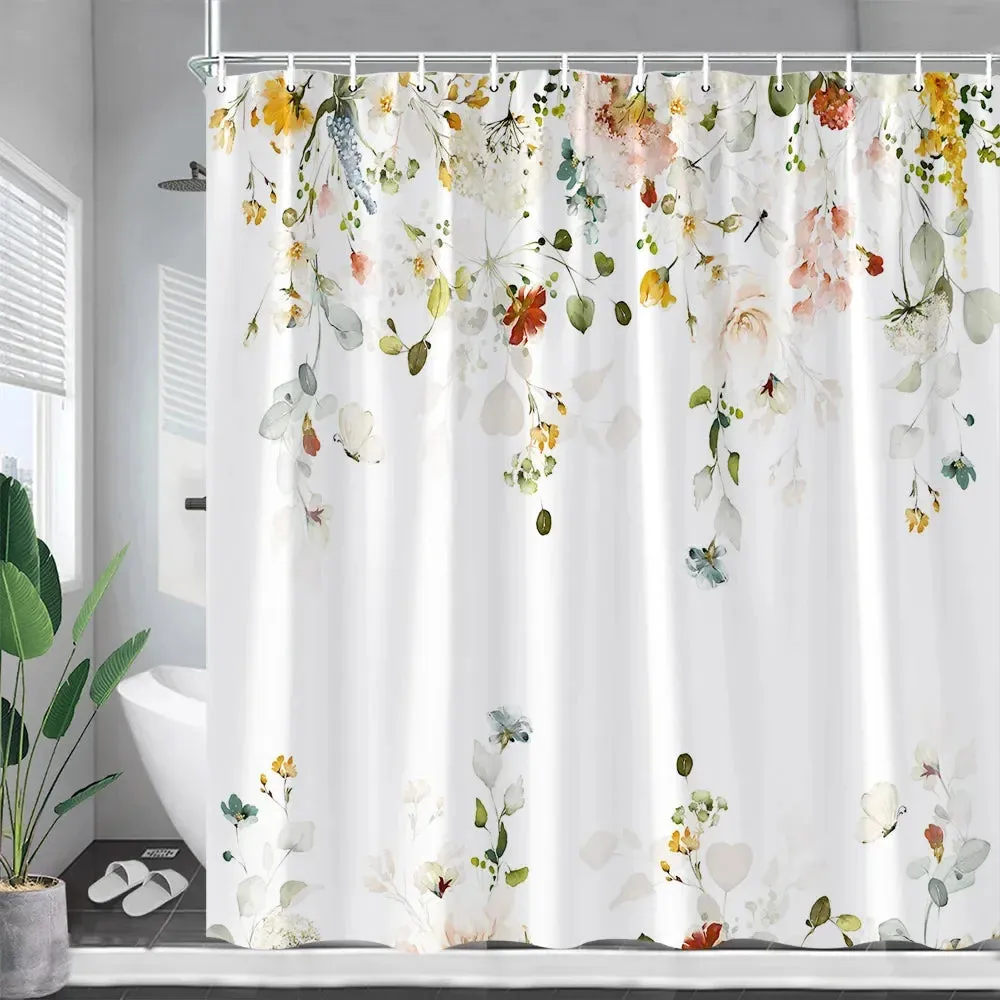 Rustic Floral Shower Curtains Watercolour Flowers Plants Leaves Modern Minimalist Spring Bathroom Decor Fabric Bath Curtain Sets