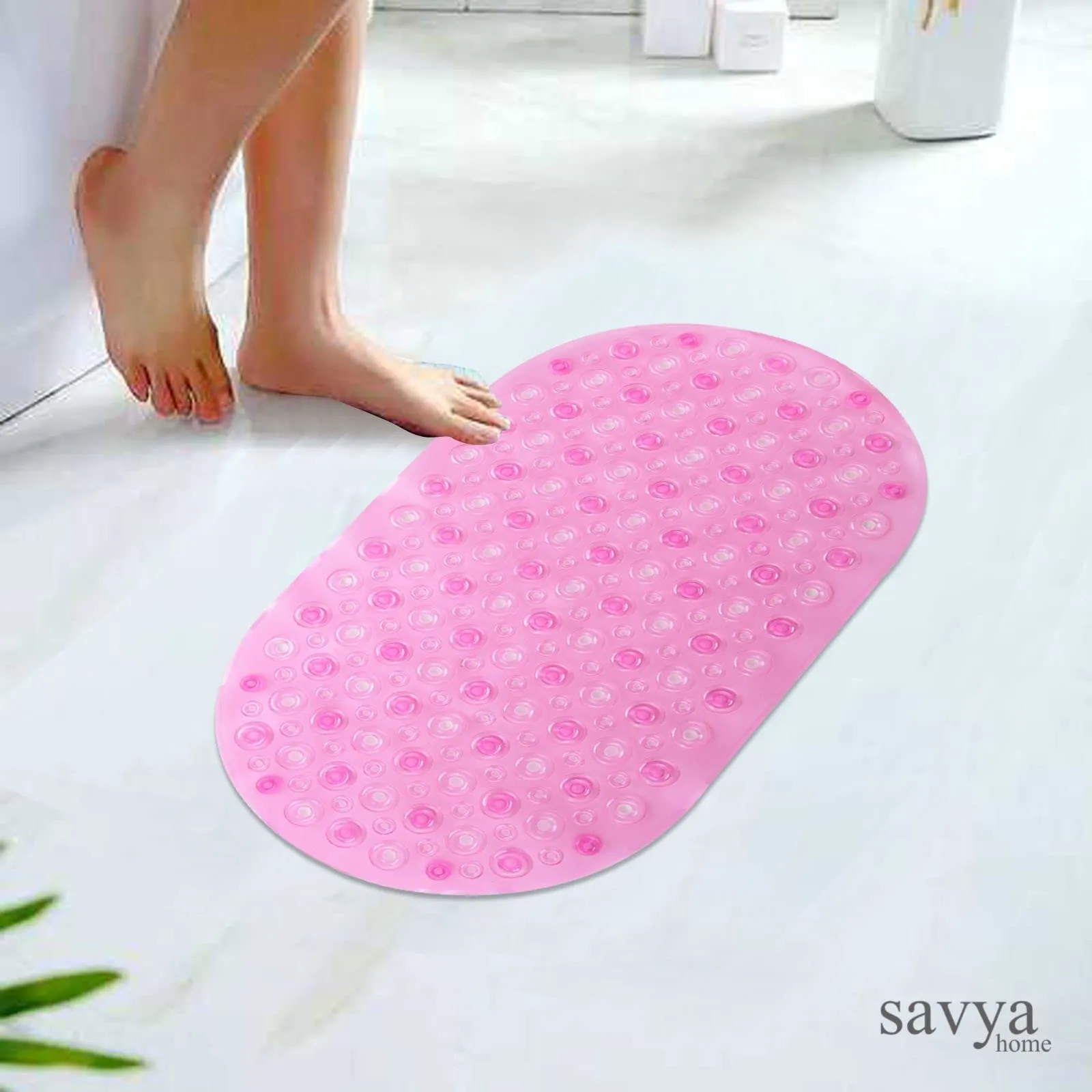 SAVYA HOME Rubber Bath Mats | Anti Skid Bathroom Floor Mat | Non Slip Door Mats for Bathroom | with Suction Cups for Quick Drying | Machine Washable | Eco-Friendly | 65 X 36 Cm | Oval - Pink