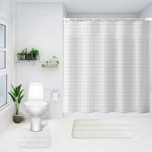 SAVYA HOME Shower Curtain (1) & Bathroom Mat (2) Set, Shower Curtains for Bathroom I, Waterproof Fabric I Anti Skid Mat for Bathroom Floor I White Checks, Pack of 3