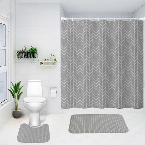 SAVYA HOME Shower Curtain (1) & Bathroom Mat (2) Set, Shower Curtains for Bathroom I, Waterproof Fabric I Anti Skid Mat for Bathroom Floor I White Grey Zig Zag, Pack of 3