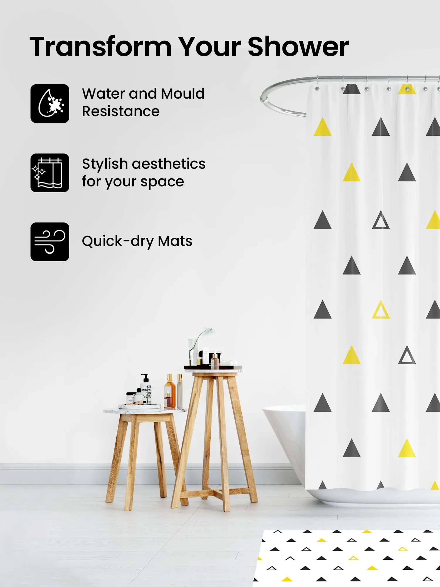 SAVYA HOME Shower Curtain (1) & Bathroom Mat (2) Set, Shower Curtains for Bathroom I, Waterproof Fabric I Anti Skid Mat for Bathroom Floor I Yellow Black Triangle, Pack of 3