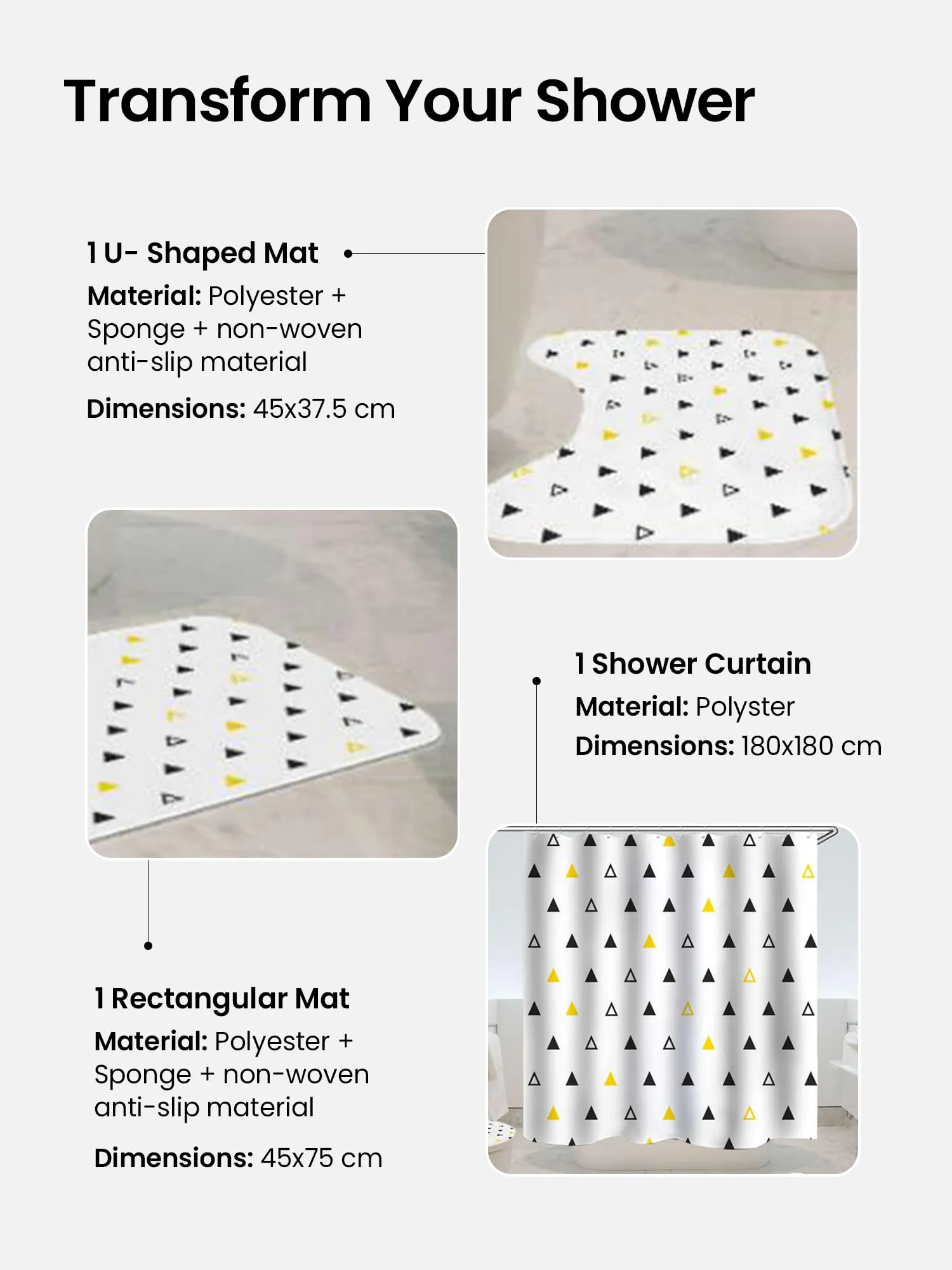 SAVYA HOME Shower Curtain (1) & Bathroom Mat (2) Set, Shower Curtains for Bathroom I, Waterproof Fabric I Anti Skid Mat for Bathroom Floor I Yellow Black Triangle, Pack of 3