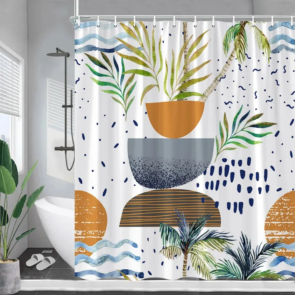 Tropical Plant Shower Curtains Palm Leaf Pink Flowers Hummingbirds Green Leaves Bath Curtain Fabric Bathroom Decor with Hooks