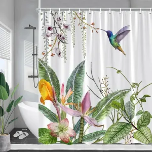 Tropical Plant Shower Curtains Palm Leaf Pink Flowers Hummingbirds Green Leaves Bath Curtain Fabric Bathroom Decor with Hooks