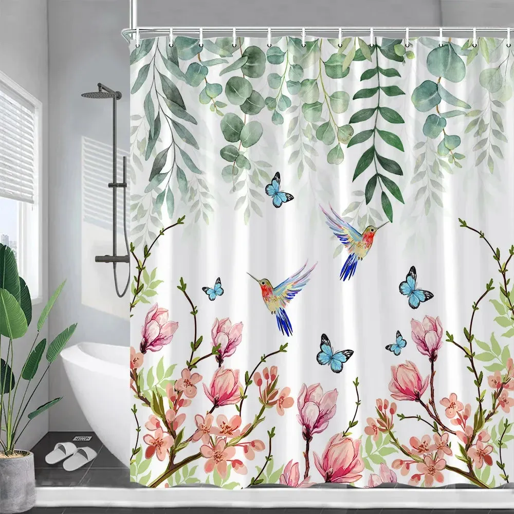 Tropical Plant Shower Curtains Palm Leaf Pink Flowers Hummingbirds Green Leaves Bath Curtain Fabric Bathroom Decor with Hooks