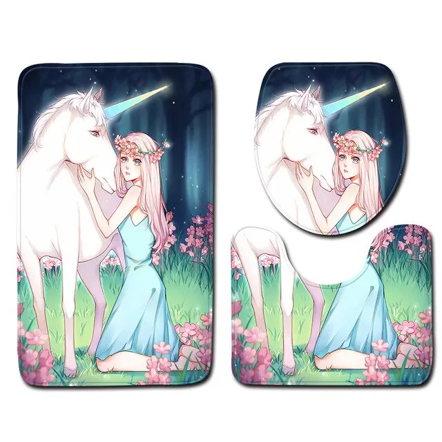 Unicorn Printed Carpet Bathroom Toilet Set Of 3 Sets Floor Mats Absorbent Non-slip Sponge Doormat Bathroom Toilet Rugs