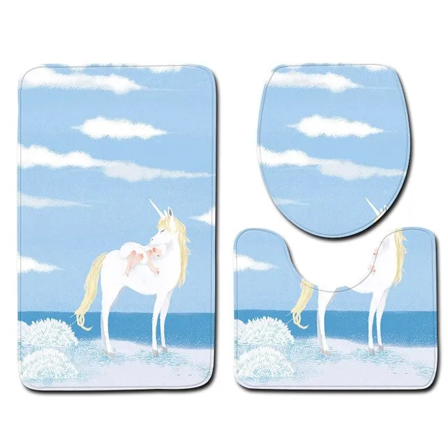 Unicorn Printed Carpet Bathroom Toilet Set Of 3 Sets Floor Mats Absorbent Non-slip Sponge Doormat Bathroom Toilet Rugs