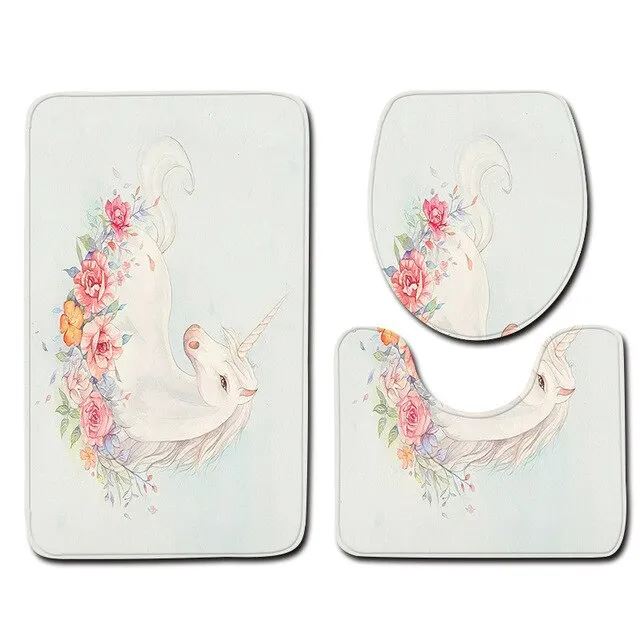 Unicorn Printed Carpet Bathroom Toilet Set Of 3 Sets Floor Mats Absorbent Non-slip Sponge Doormat Bathroom Toilet Rugs