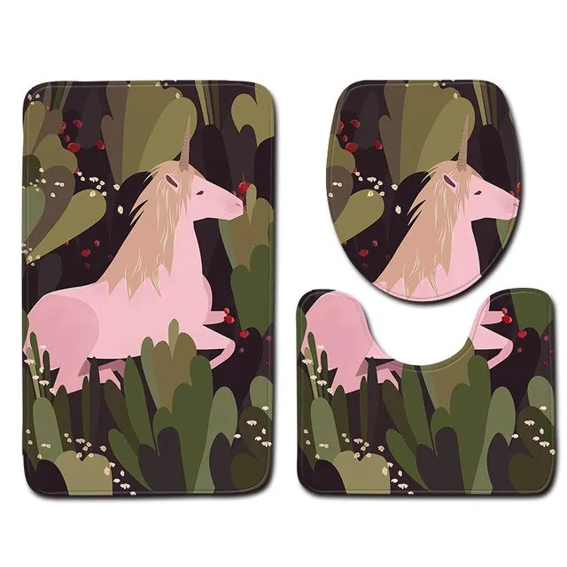 Unicorn Printed Carpet Bathroom Toilet Set Of 3 Sets Floor Mats Absorbent Non-slip Sponge Doormat Bathroom Toilet Rugs