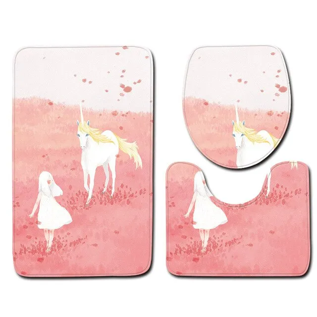 Unicorn Printed Carpet Bathroom Toilet Set Of 3 Sets Floor Mats Absorbent Non-slip Sponge Doormat Bathroom Toilet Rugs