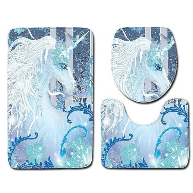 Unicorn Printed Carpet Bathroom Toilet Set Of 3 Sets Floor Mats Absorbent Non-slip Sponge Doormat Bathroom Toilet Rugs