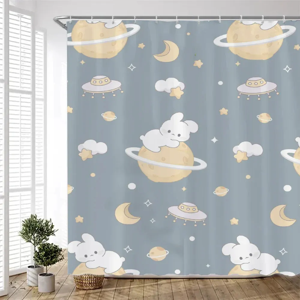 Universe and Rabbit Shower Curtain for Bathroom Accessories Bath Folding Partition Curtains Bedrooms Waterproof Fabric Set Home